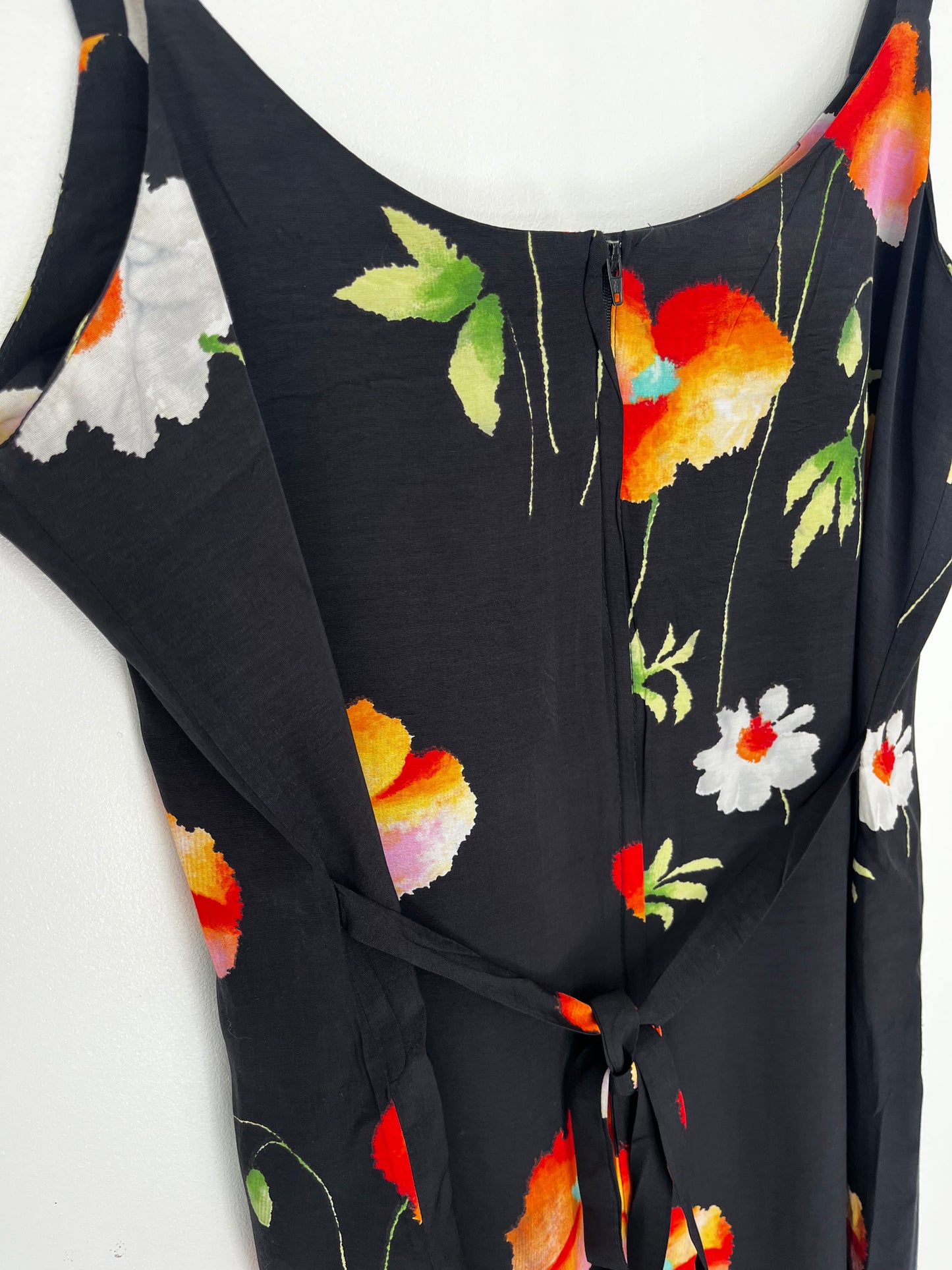 1990s Tie Back Black Floral Vintage Dress