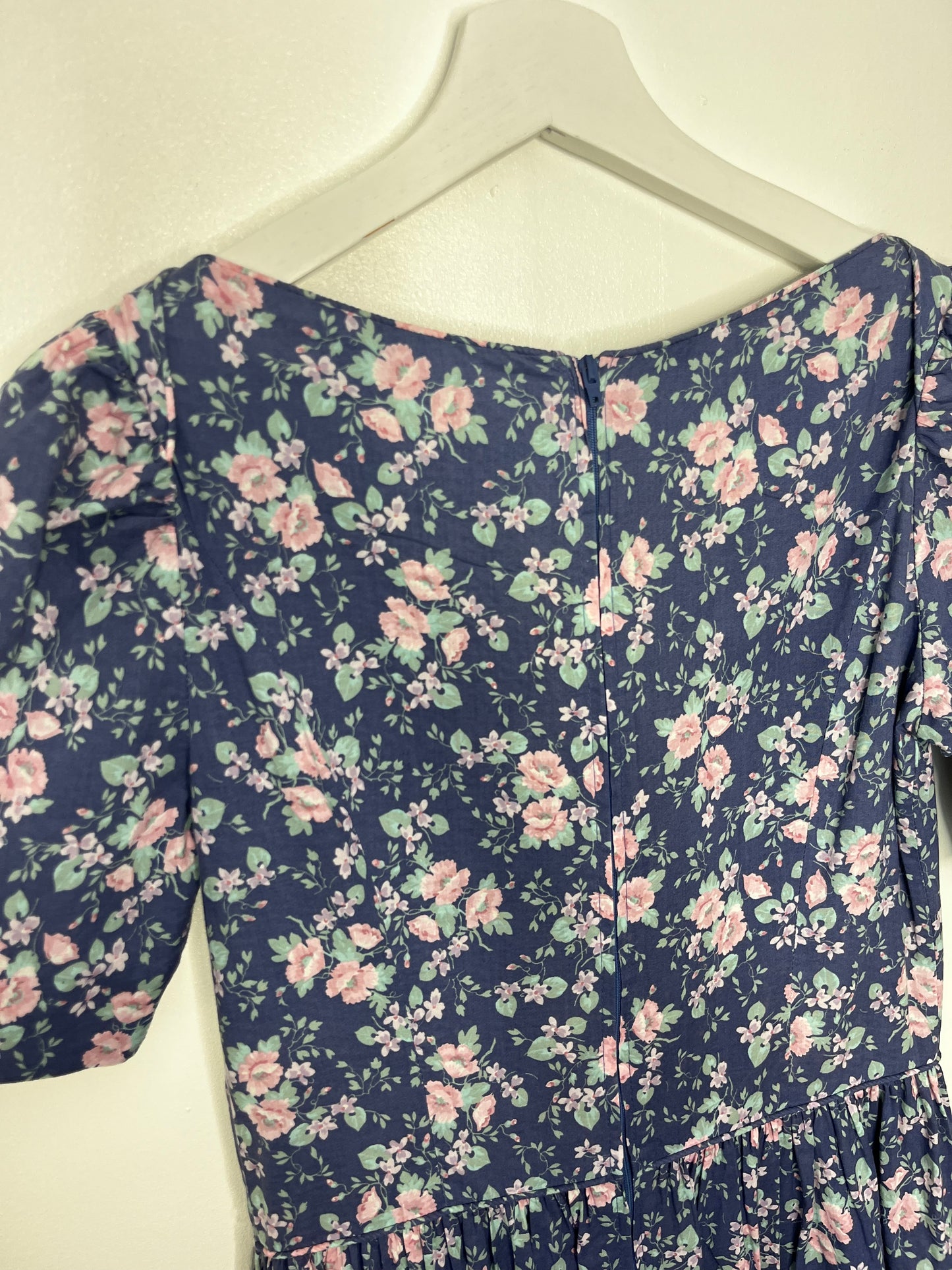 Vintage 1980s Laura Ashley Blue Floral Midi Dress Puff Sleeve Prairie Tea Dress
