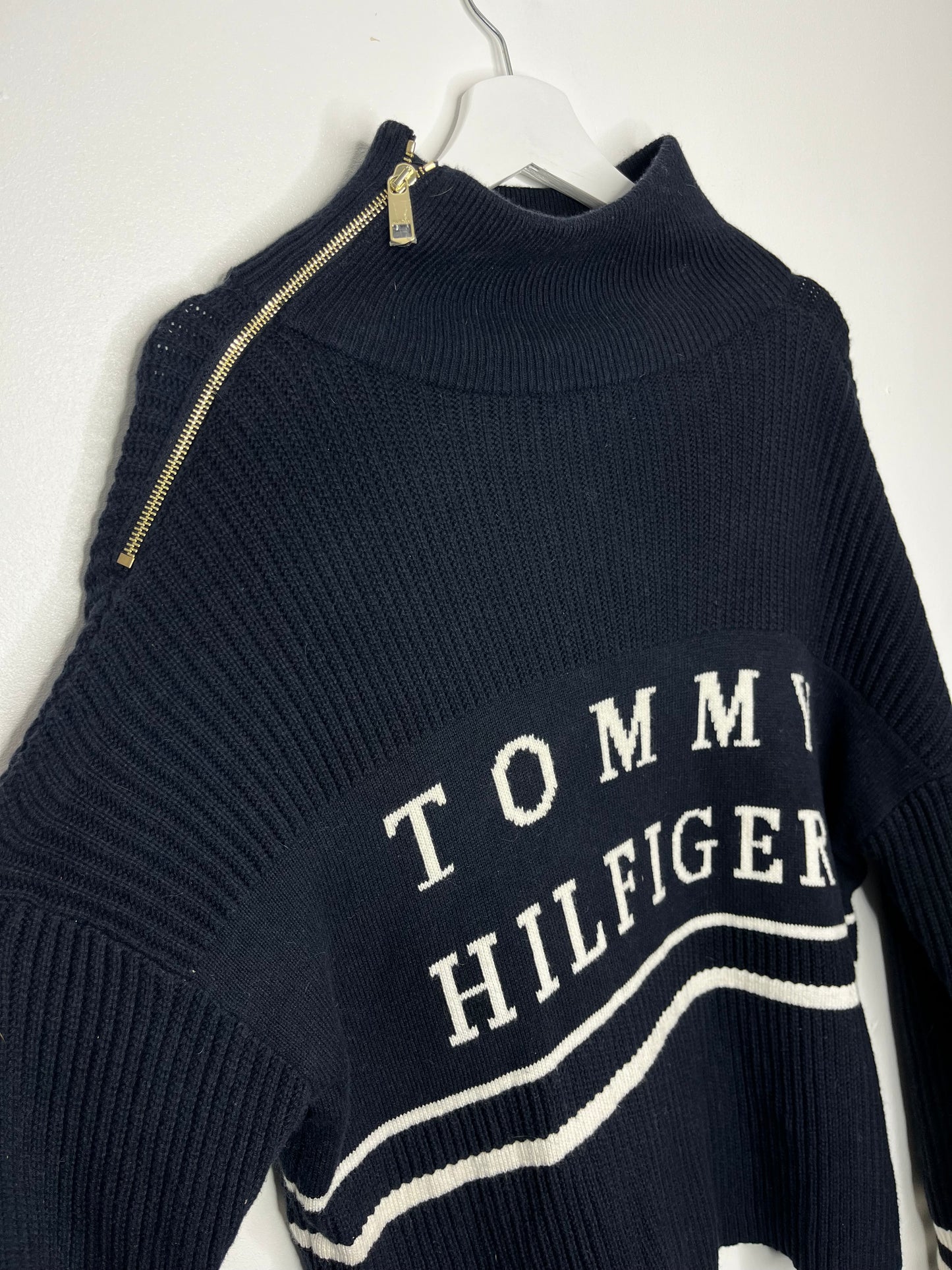 Ribbed Navy Tommy Hilfiger Spell Out Zip Effect Jumper