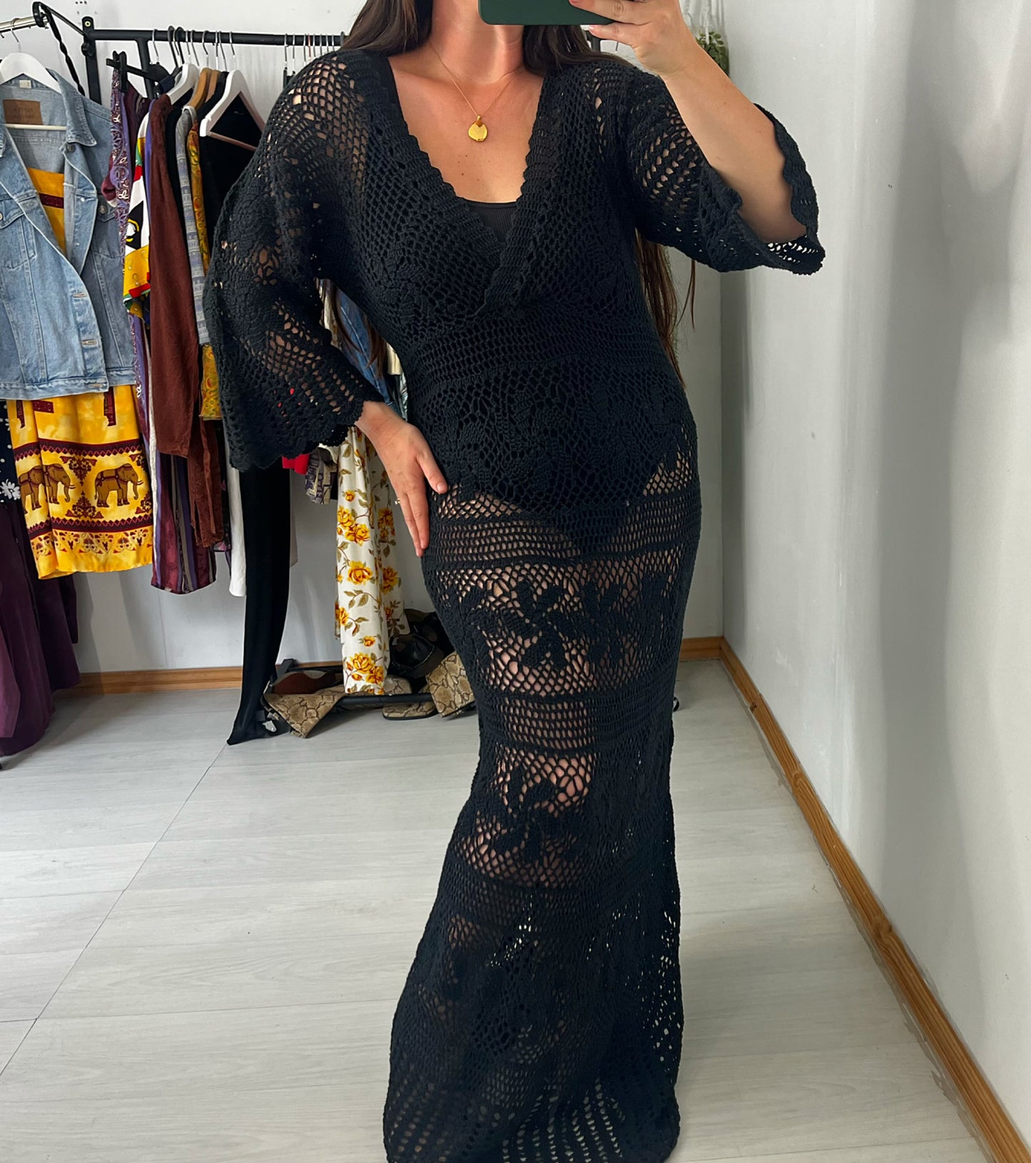 Long Black Vintage Monsoon Crochet Dress Beach Cover Up
