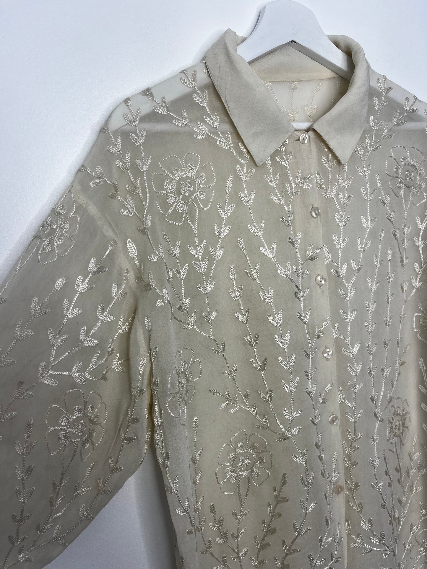 Oversized Cream Semi Sheer Embroidered Blouse