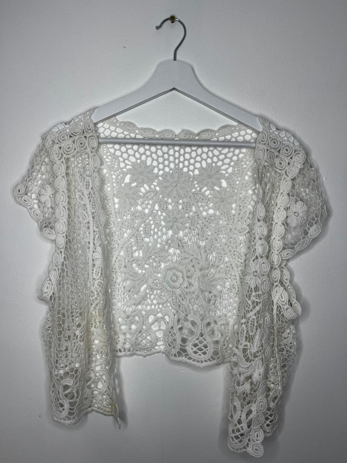 White crochet vintage buttonless throw over