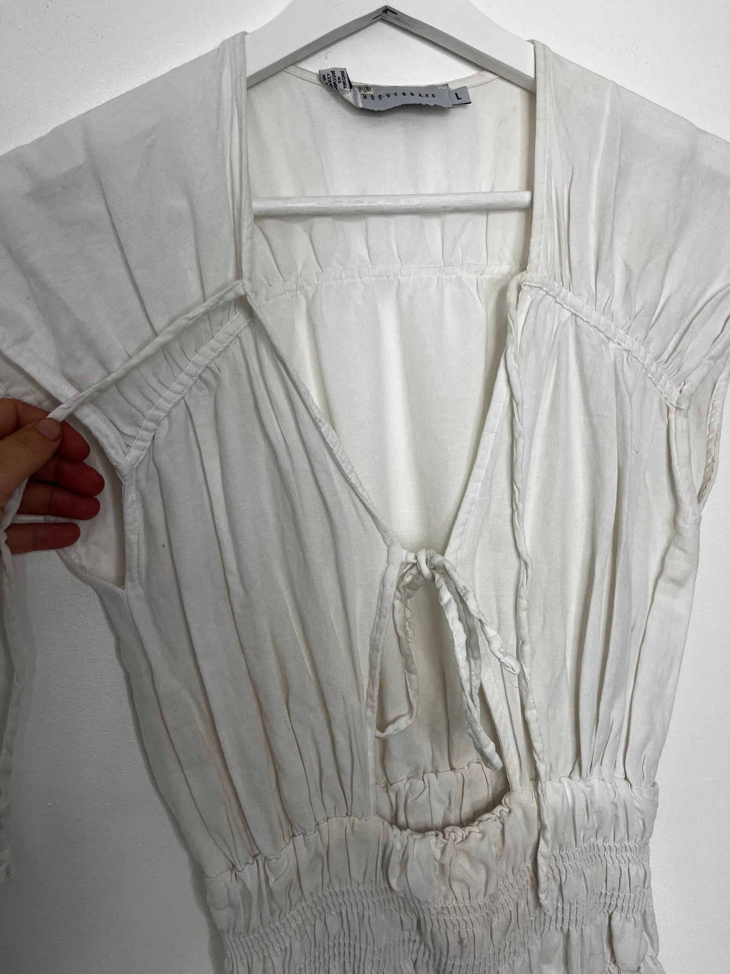 Tie Top Effect Elastic Waist Long White Dress