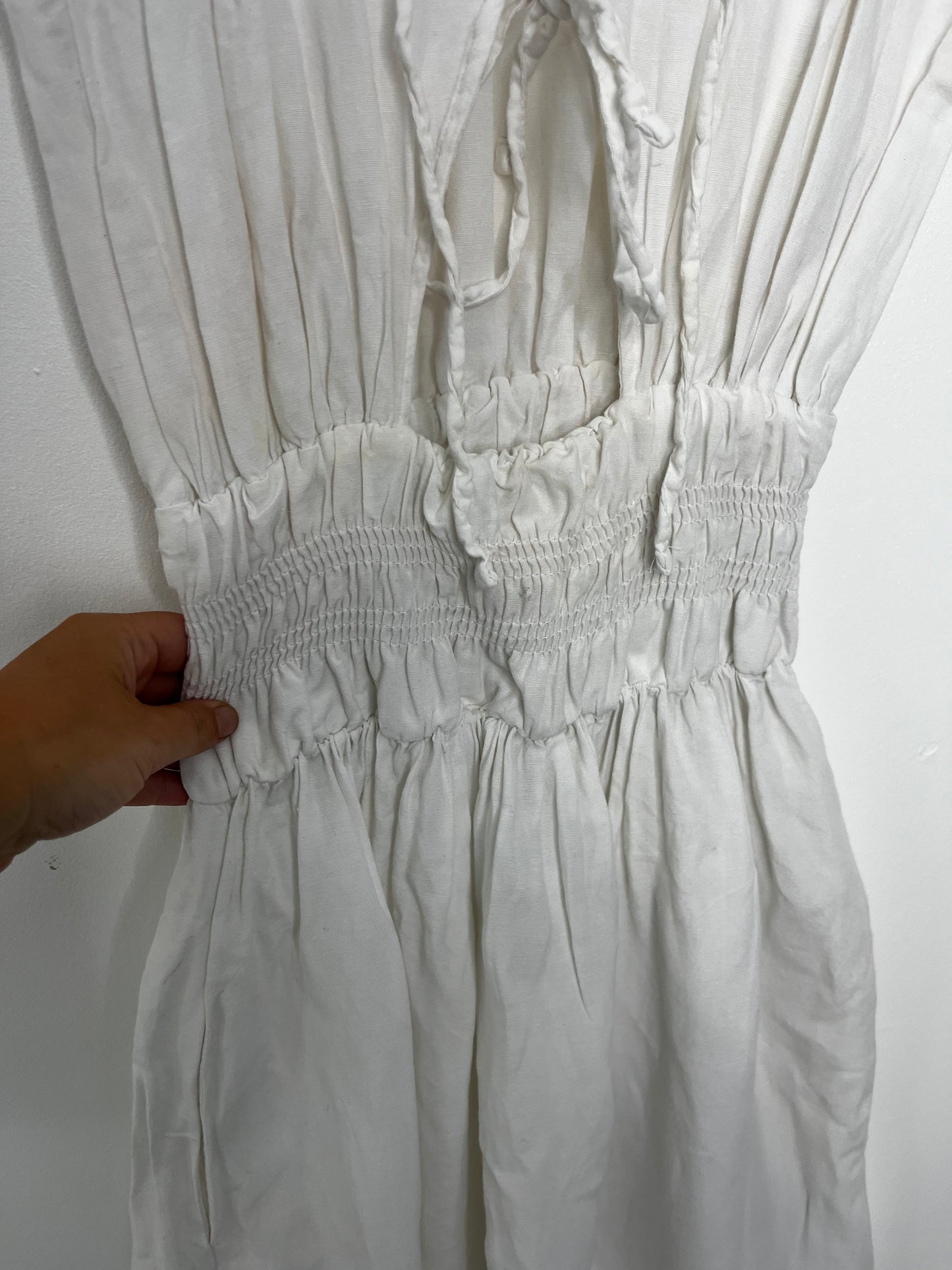 Tie Top Effect Elastic Waist Long White Dress