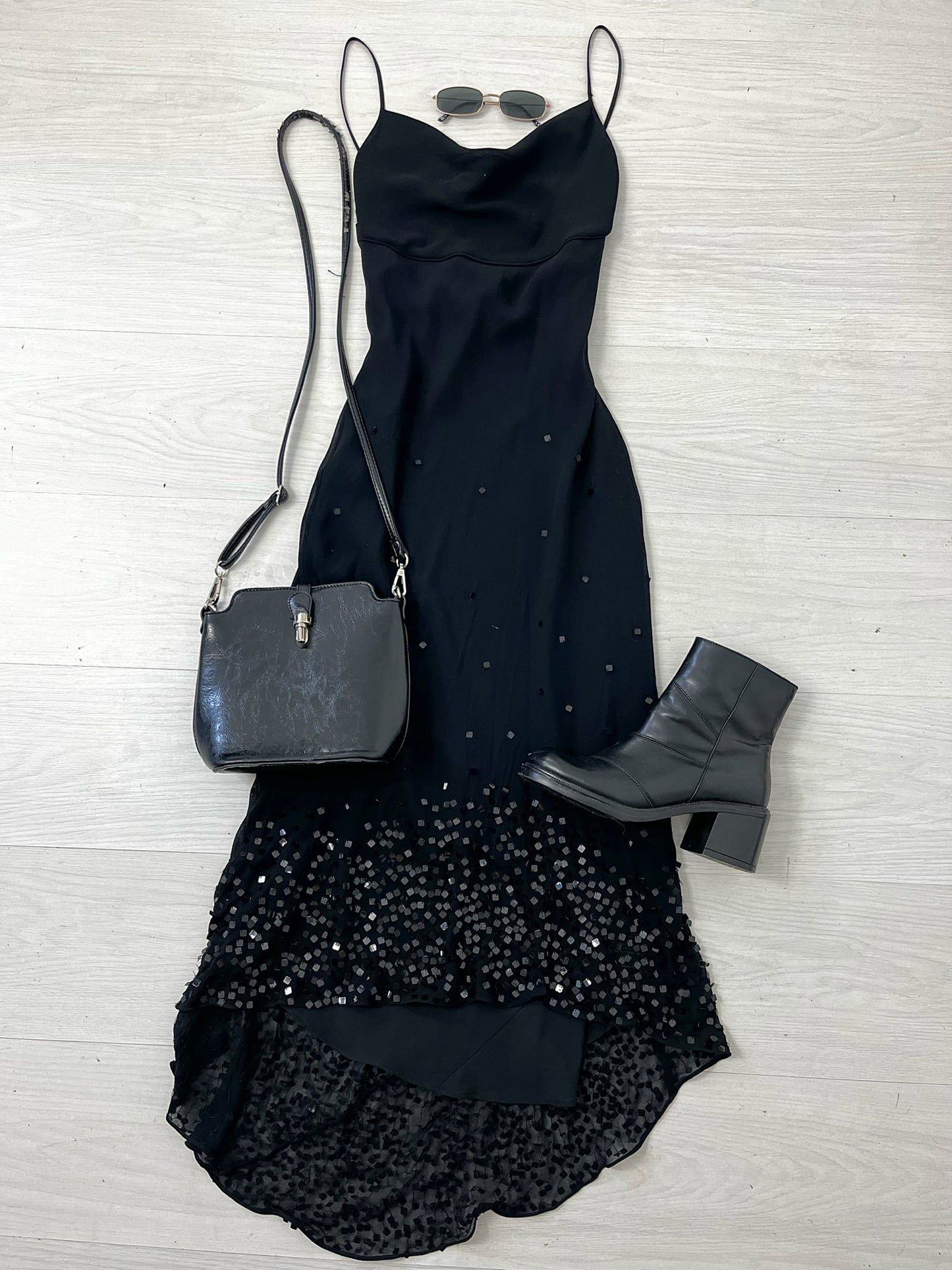 Long Black Silk Sequin Effect Backless Dress