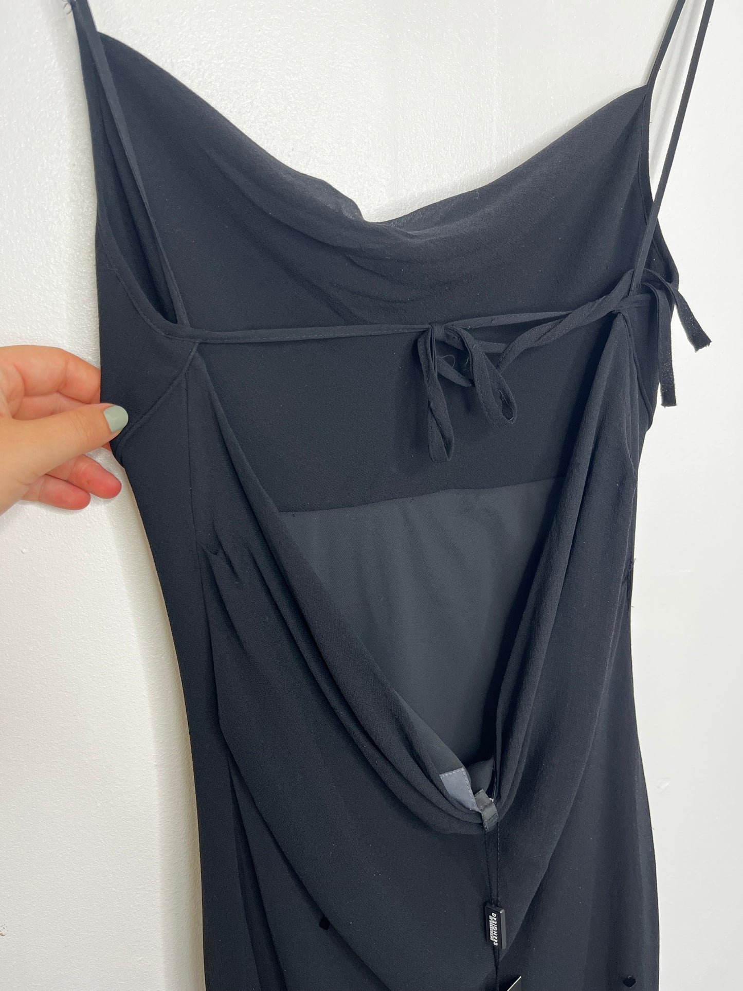 Long Black Silk Sequin Effect Backless Dress