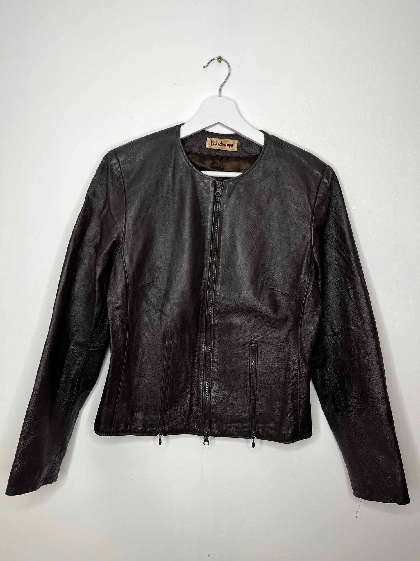 Dark brown collarless y2k leather jacket