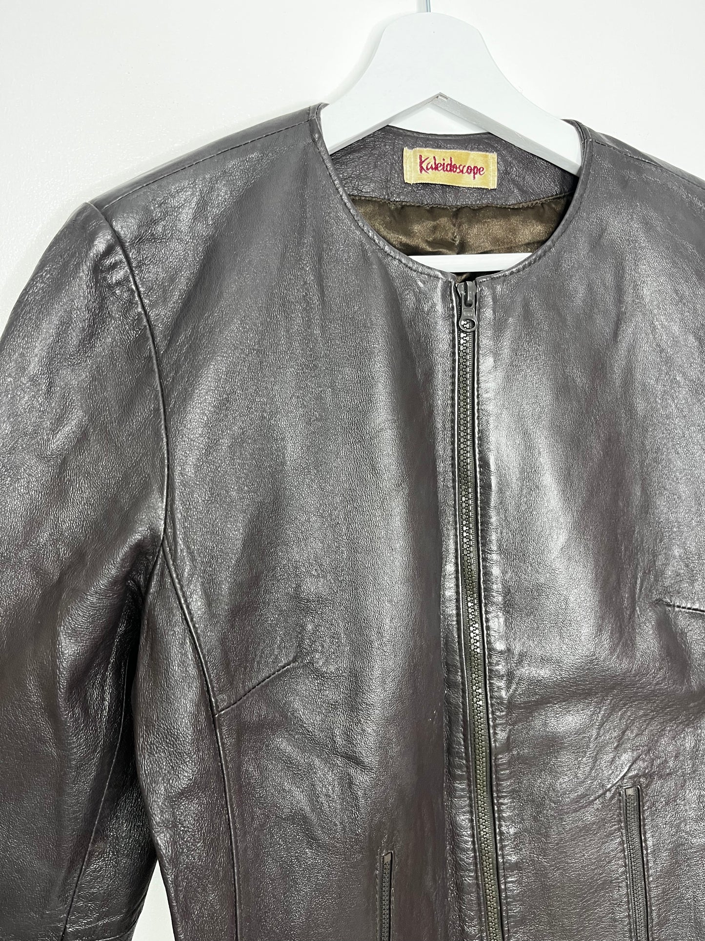 Dark brown collarless y2k leather jacket