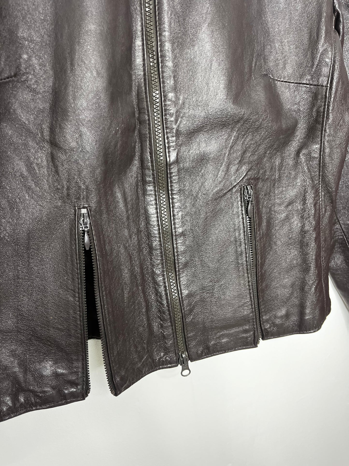 Dark brown collarless y2k leather jacket