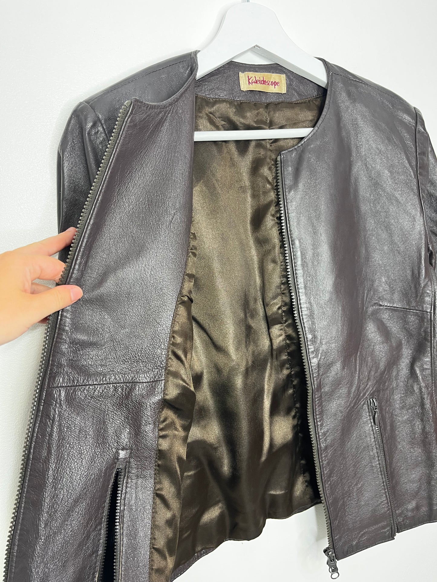 Dark brown collarless y2k leather jacket