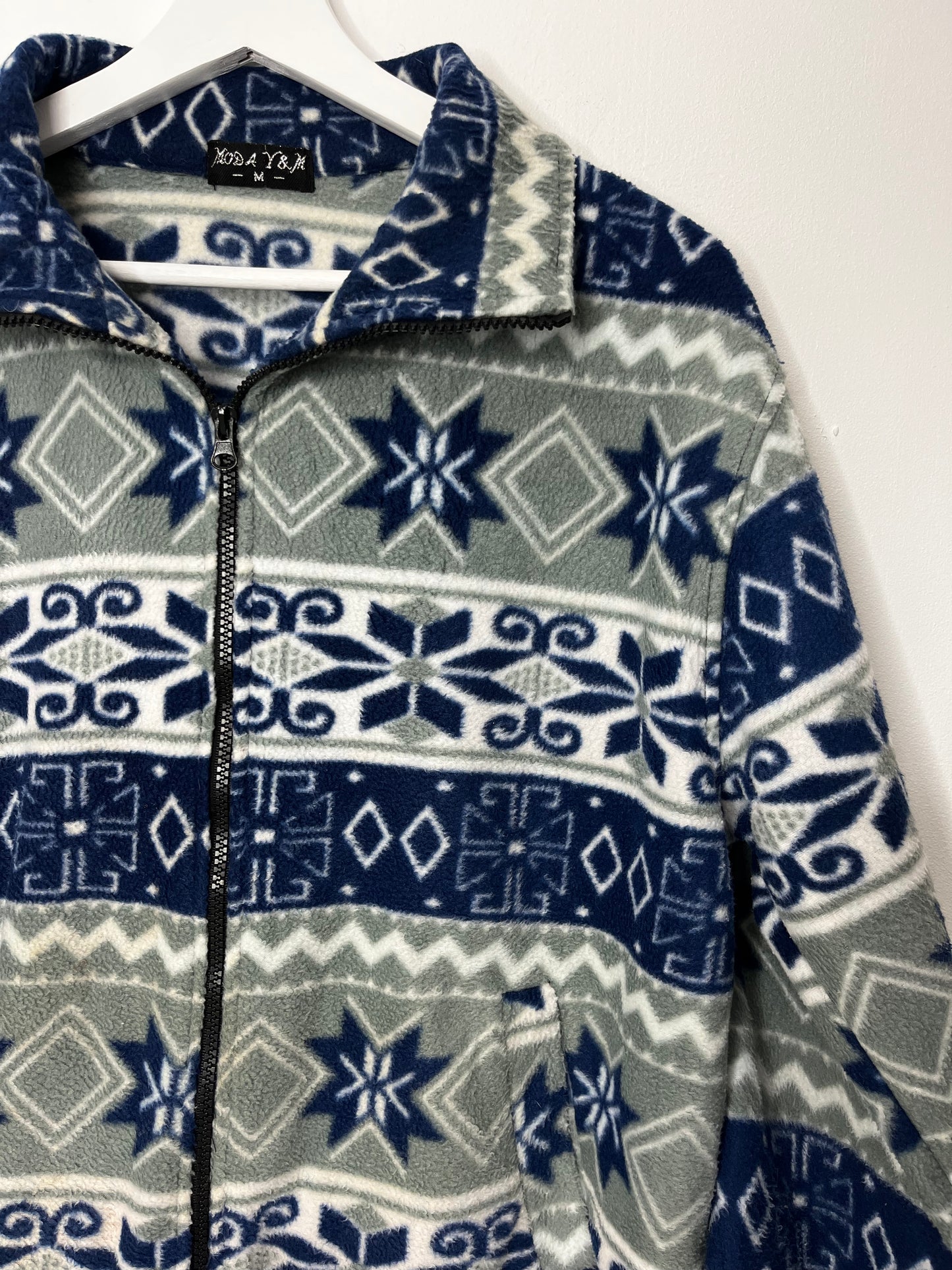 Grey Blue Patterned Vintage Zip Fleece Jacket