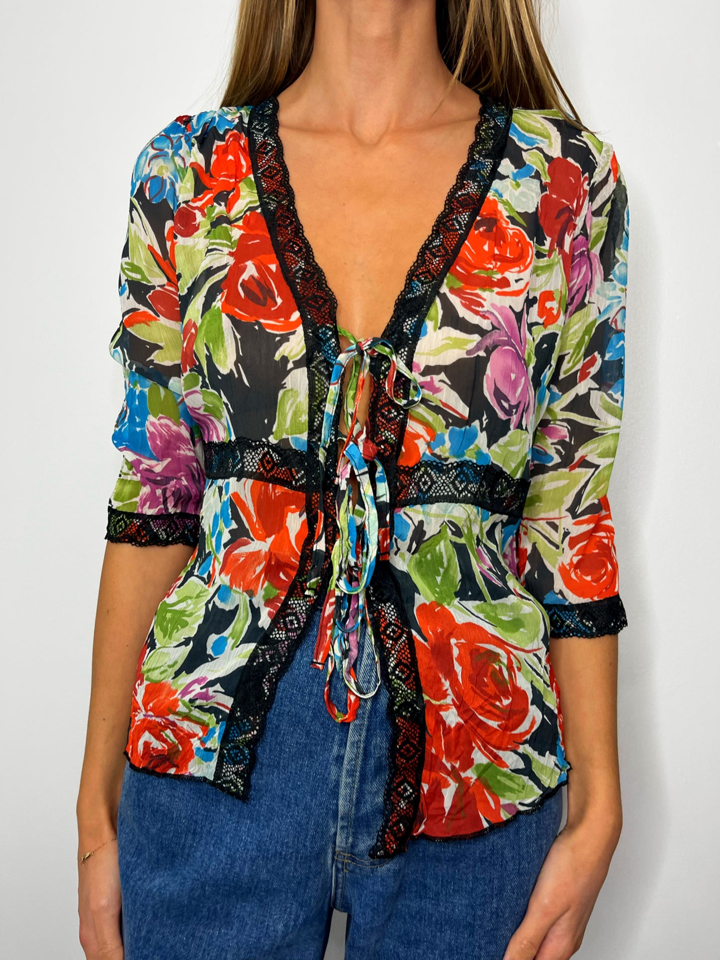 Tie Middle Colourful Semi Sheer Blouse