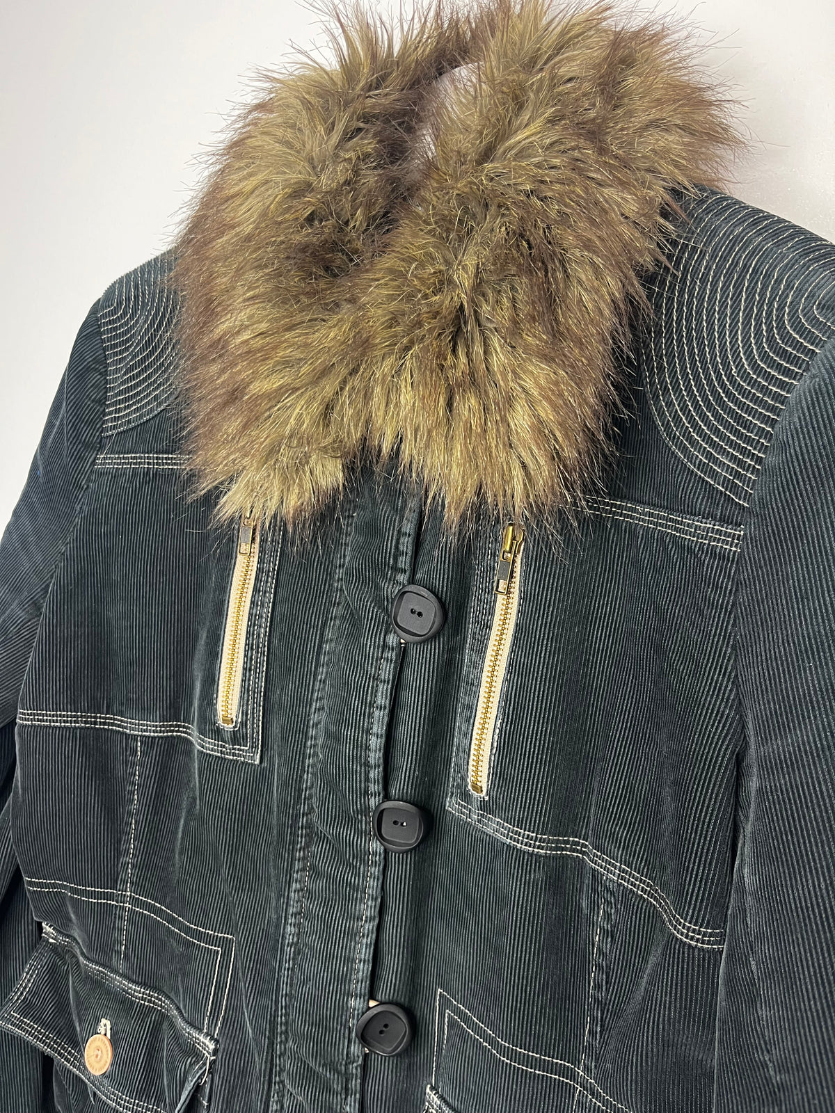 Jasper Conran Y2K Faux Fur Collar Cord Jacket Coat