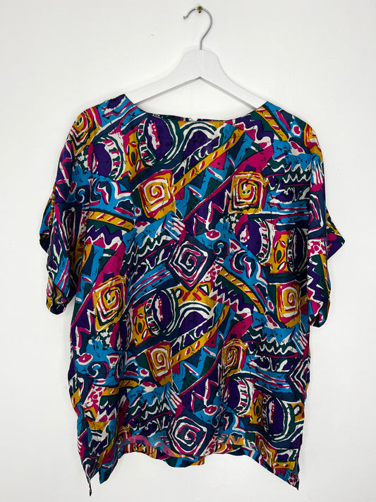 Colourful Abstract 1990s Silk Vintage Blouse Top