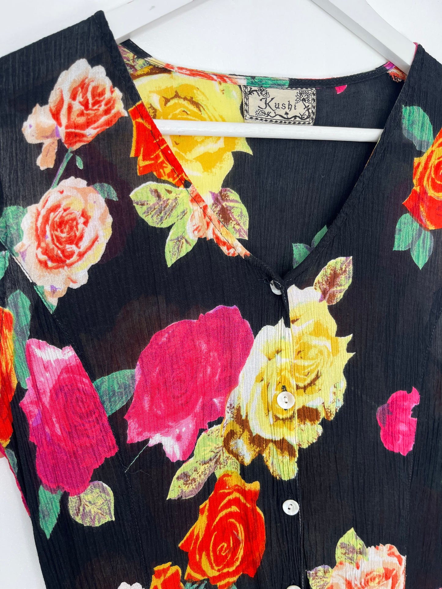 1990s Vibrant Floral Button Down Tie Back Vintage Dress