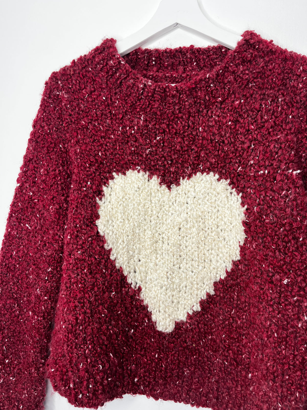 Handmade Burgundy Chunky Knit Jumper Cream Heart Y2K