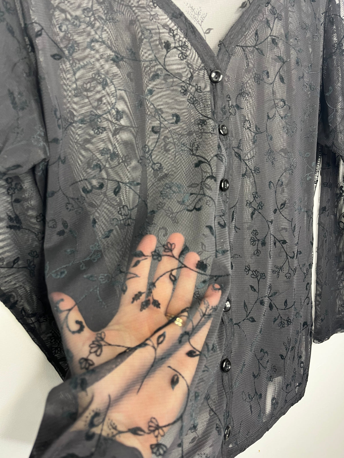 Black Semi Sheer Whimsical Vintage Button Down Blouse