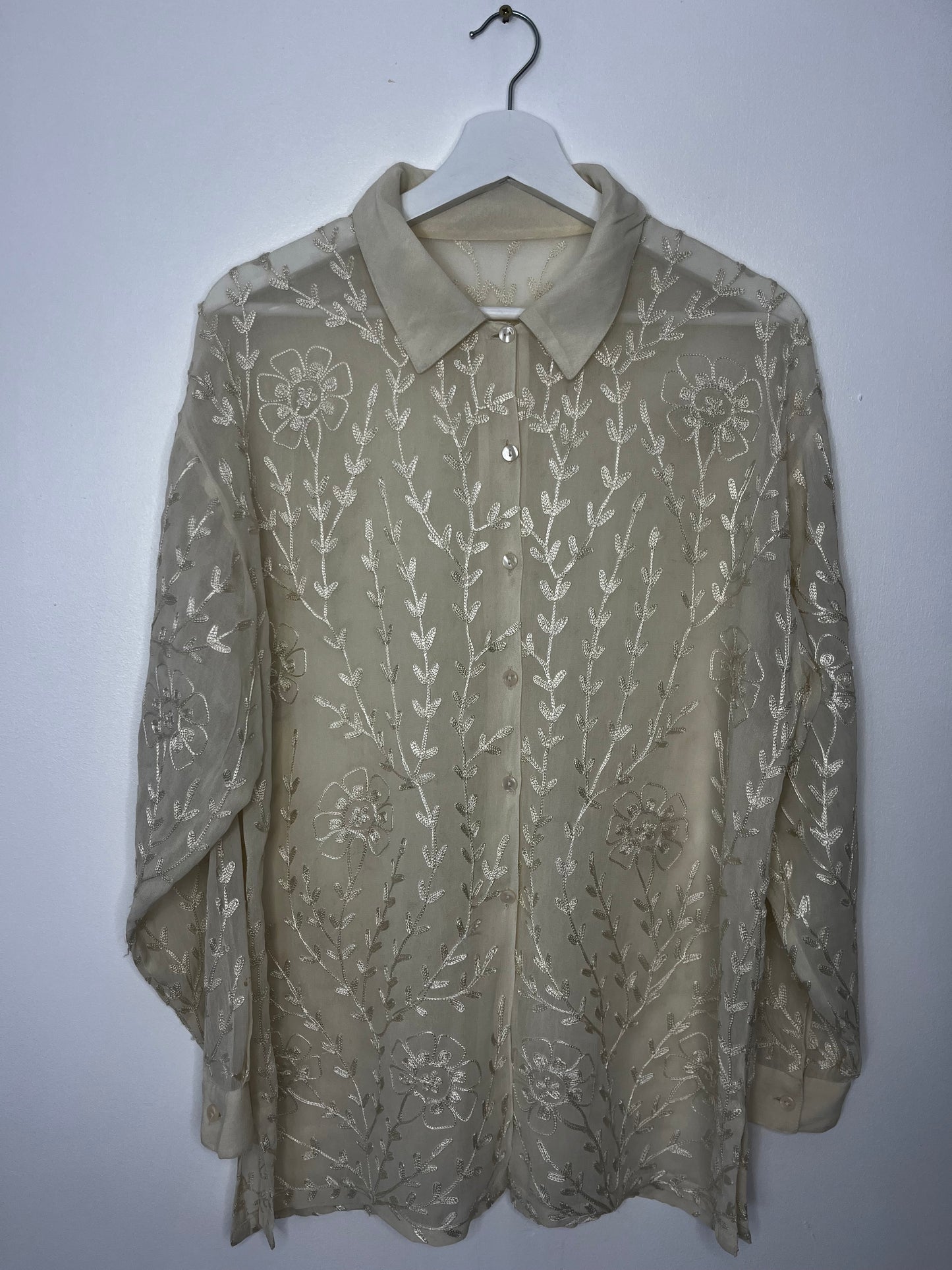 Oversized Cream Semi Sheer Embroidered Blouse