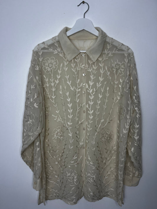 Oversized Cream Semi Sheer Embroidered Blouse
