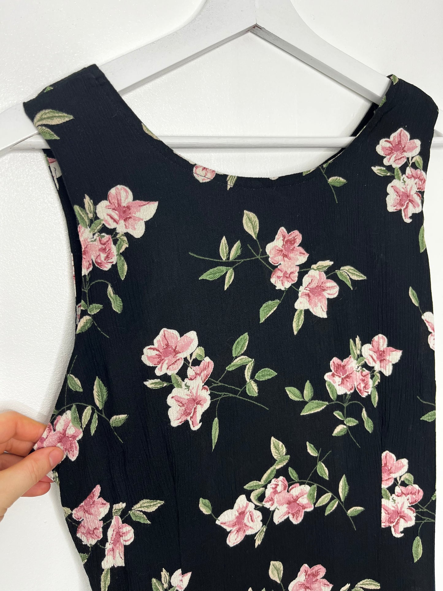 True Vintage Pink Flower Tie Back Black Long Dress