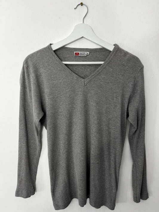 Grey Ribbed Cotton Casual Top