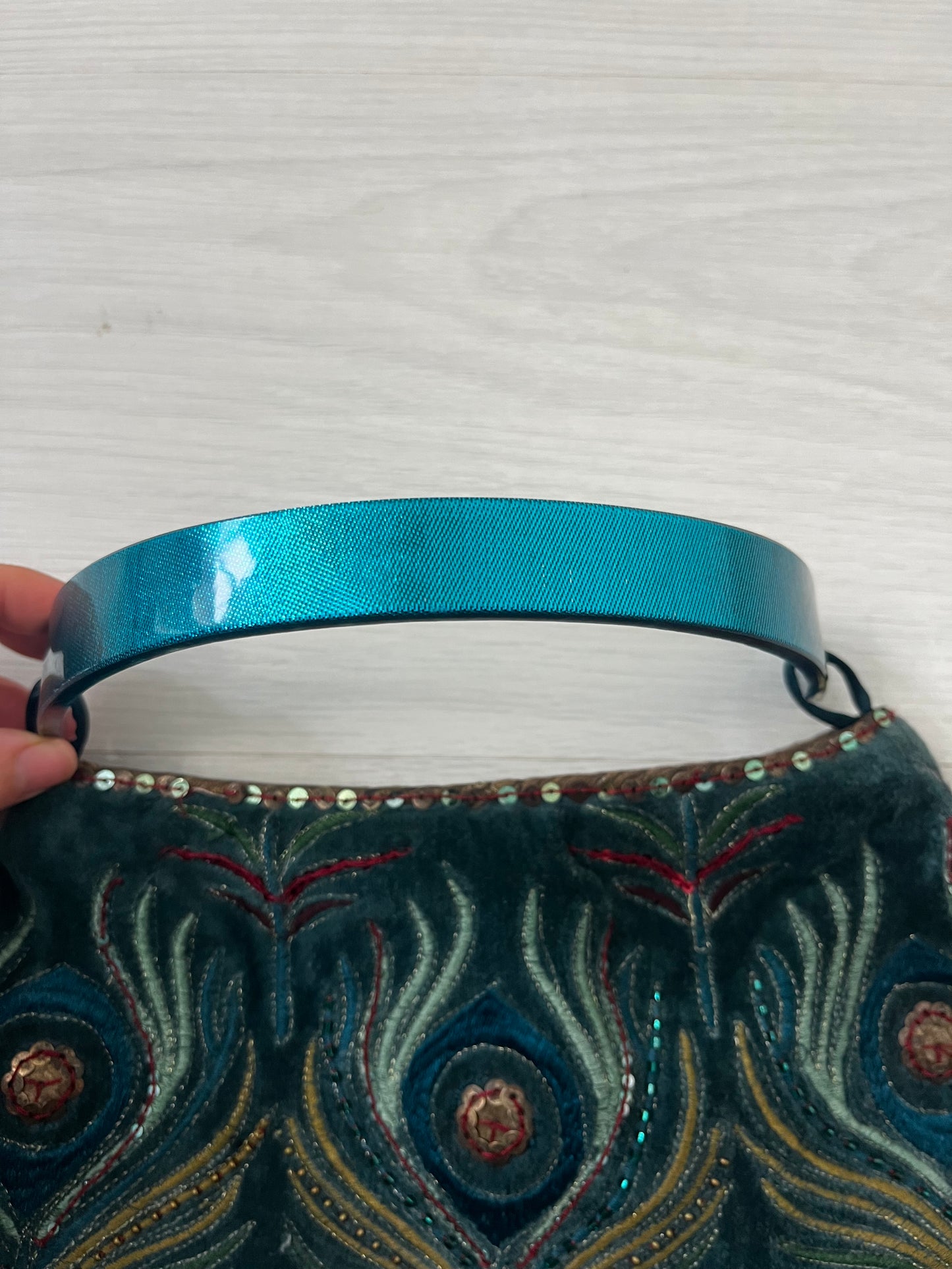 Embroidered Peacock Velvet Handbag with Resin Handle