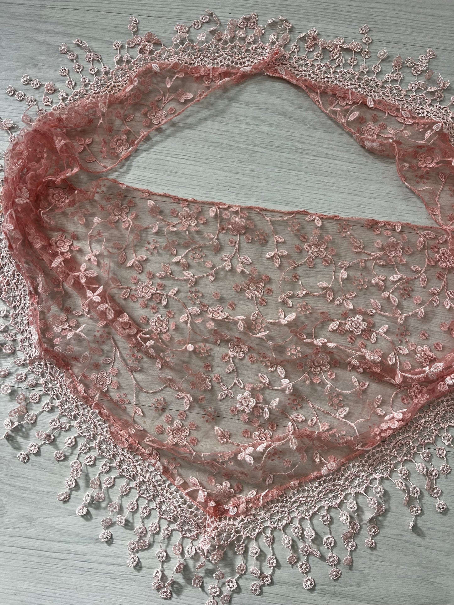 Pink semi sheer tassel vintage scarf, head scarf