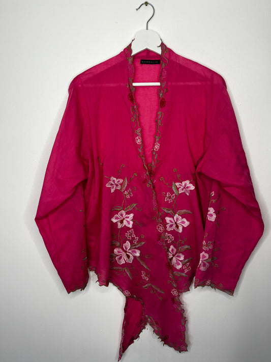Pink Vintage Embroidered Floral Tie Blouse