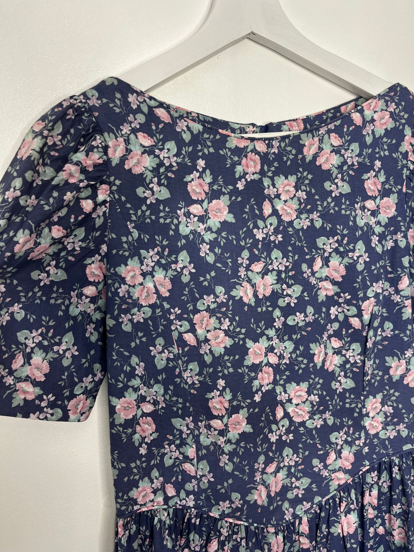 Vintage 1980s Laura Ashley Blue Floral Midi Dress Puff Sleeve Prairie Tea Dress