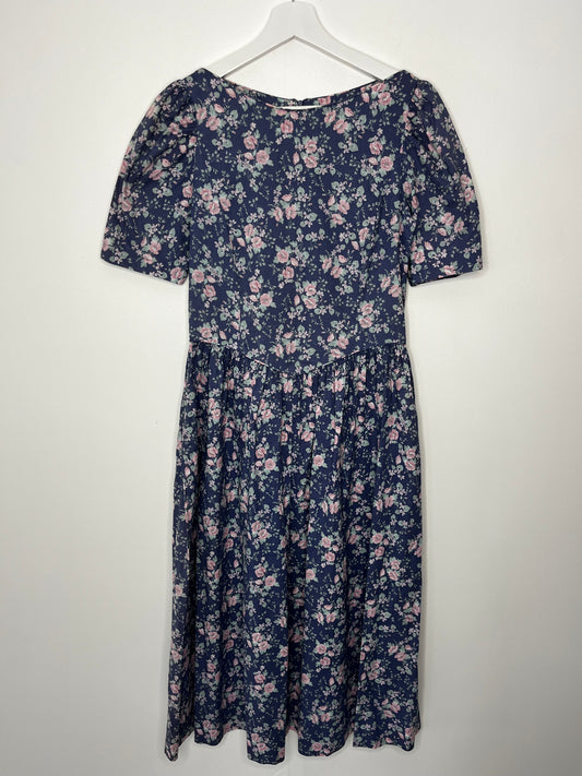 Vintage 1980s Laura Ashley Blue Floral Midi Dress Puff Sleeve Prairie Tea Dress