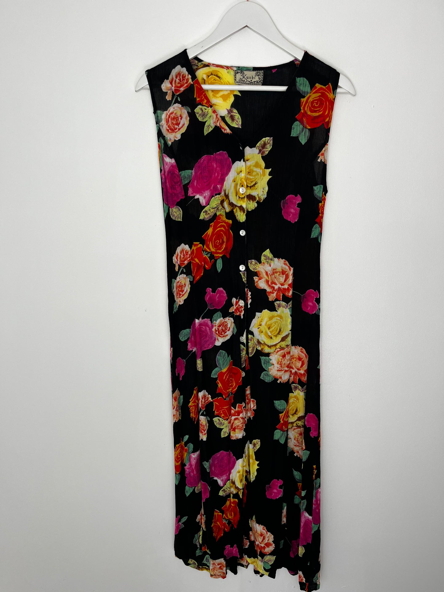 1990s Vibrant Floral Button Down Tie Back Vintage Dress