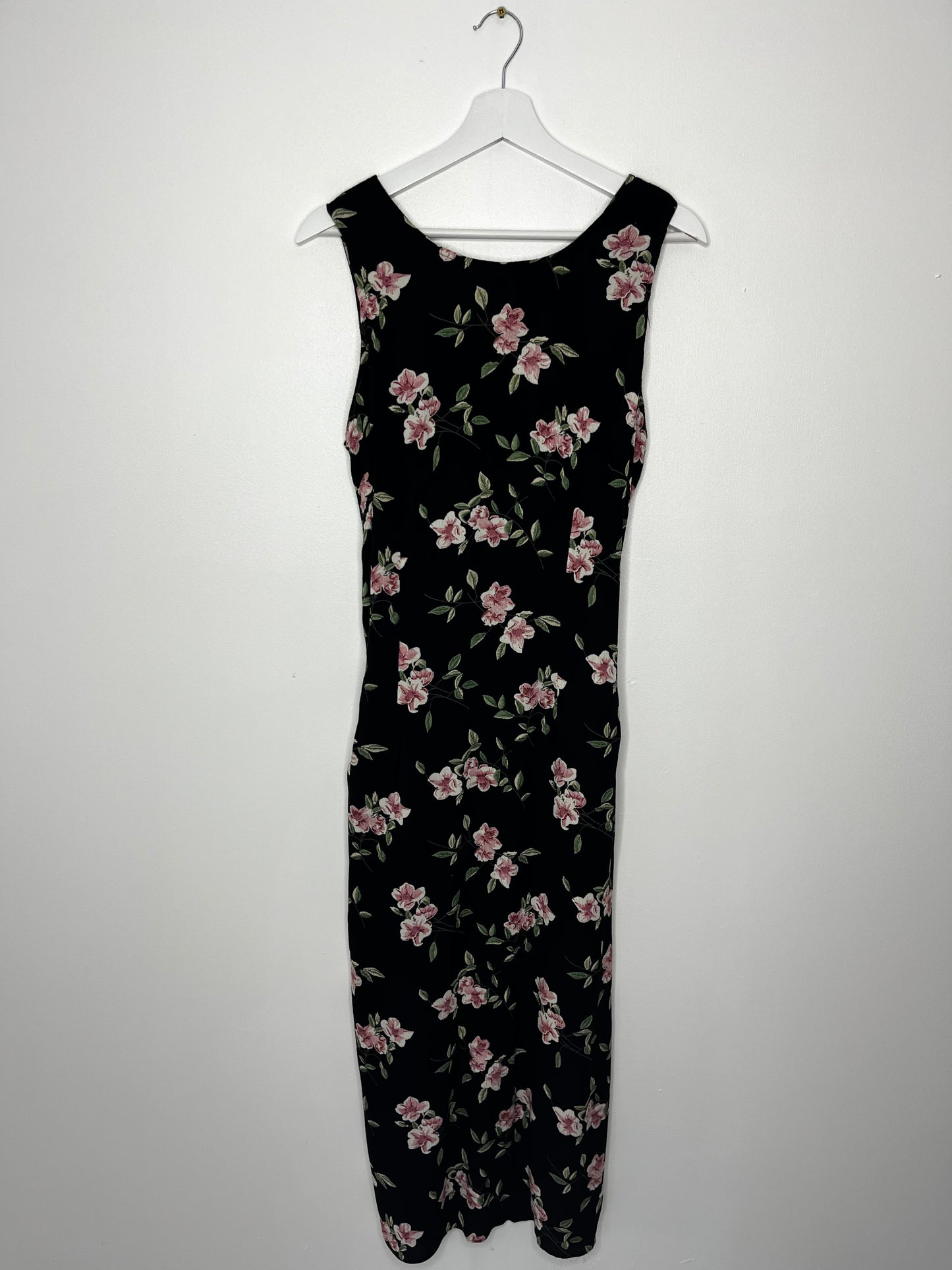 True Vintage Pink Flower Tie Back Black Long Dress