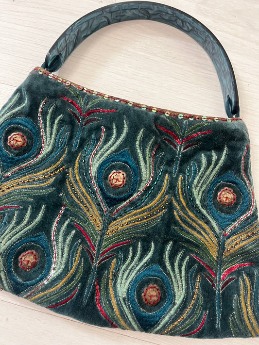 Embroidered Peacock Velvet Handbag with Resin Handle