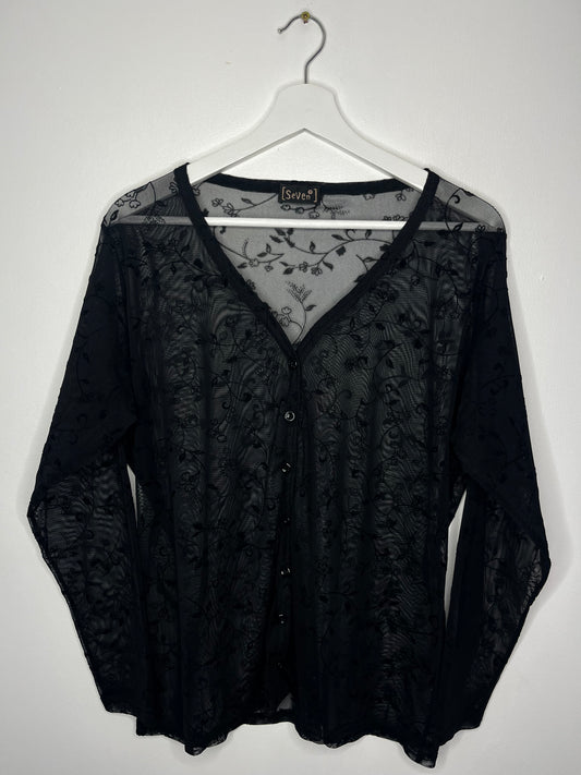Black Semi Sheer Whimsical Vintage Button Down Blouse