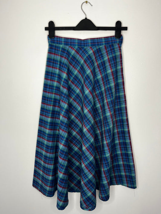 Vintage St Michael Blue Tartan Plaid Midi Circle Skirt | UK Made | High Waist