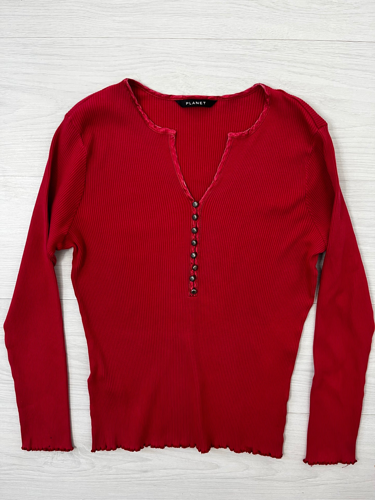 Red Ribbed Y2k Long Sleeve Top