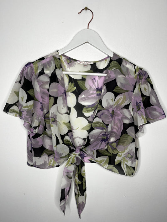 Semi Sheer Lilac Floral Vintage Tie Top Blouse
