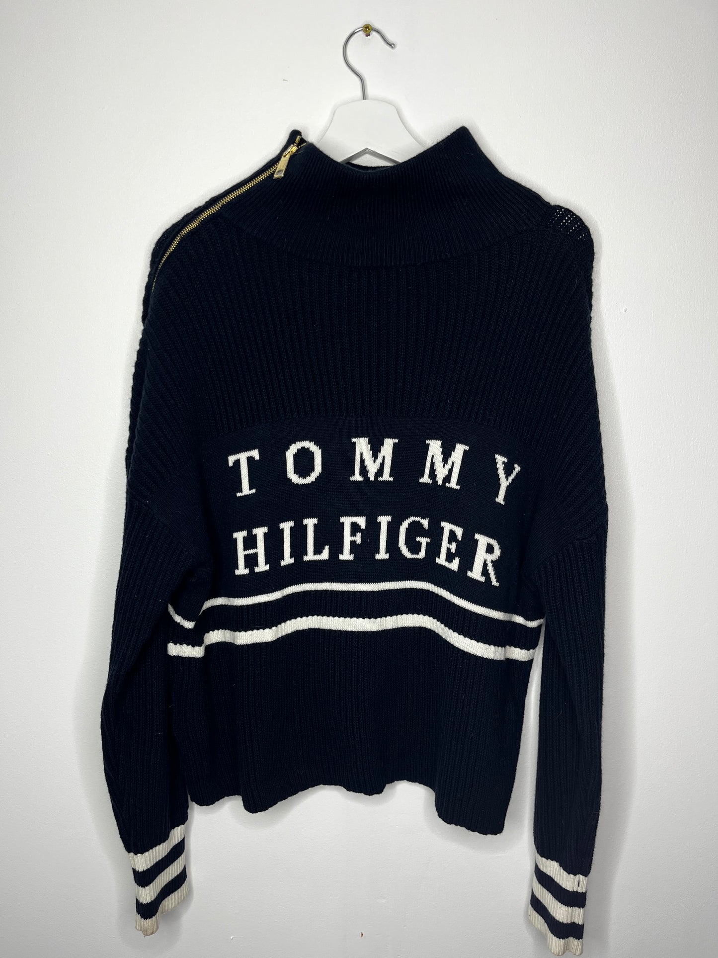 Ribbed Navy Tommy Hilfiger Spell Out Zip Effect Jumper
