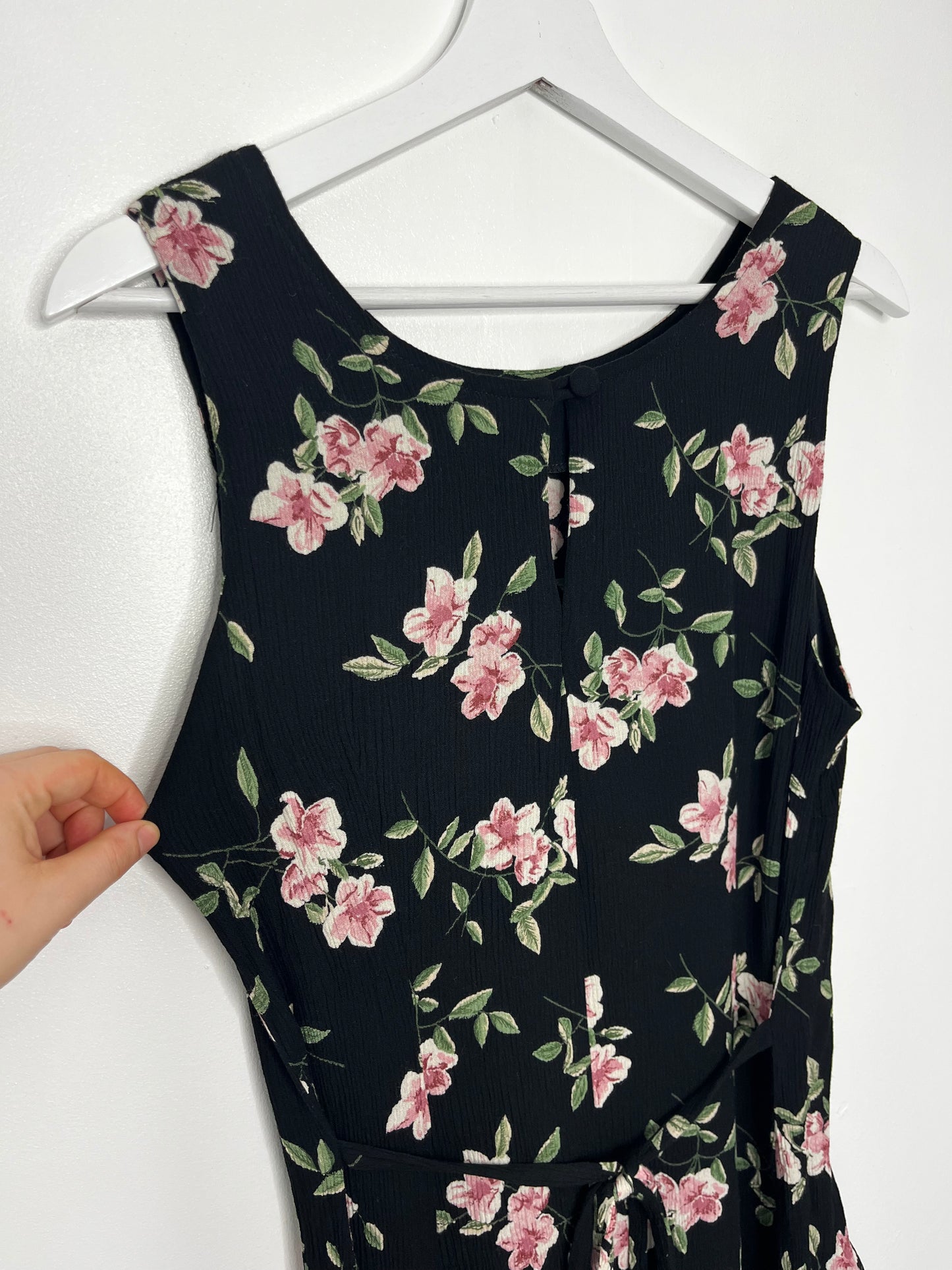 True Vintage Pink Flower Tie Back Black Long Dress