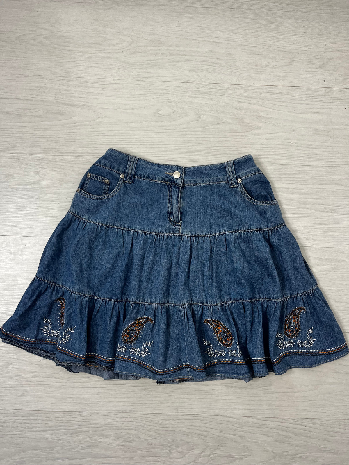 Denim Pleated Paisley Detail Skirt