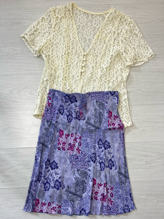 Lace blouse purple skirt