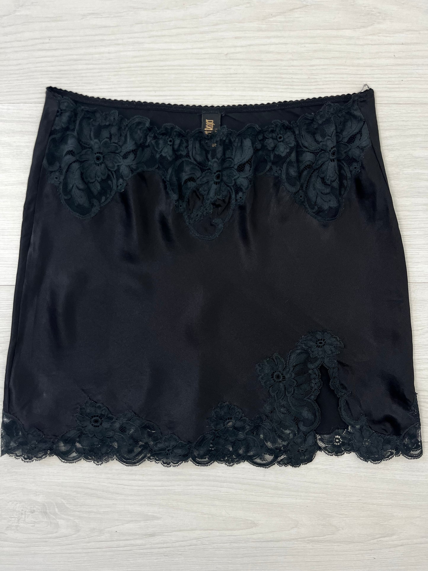 True Vintage Janet Reger Couture 100% Silk Half Slip Lace Trim Black Skirt