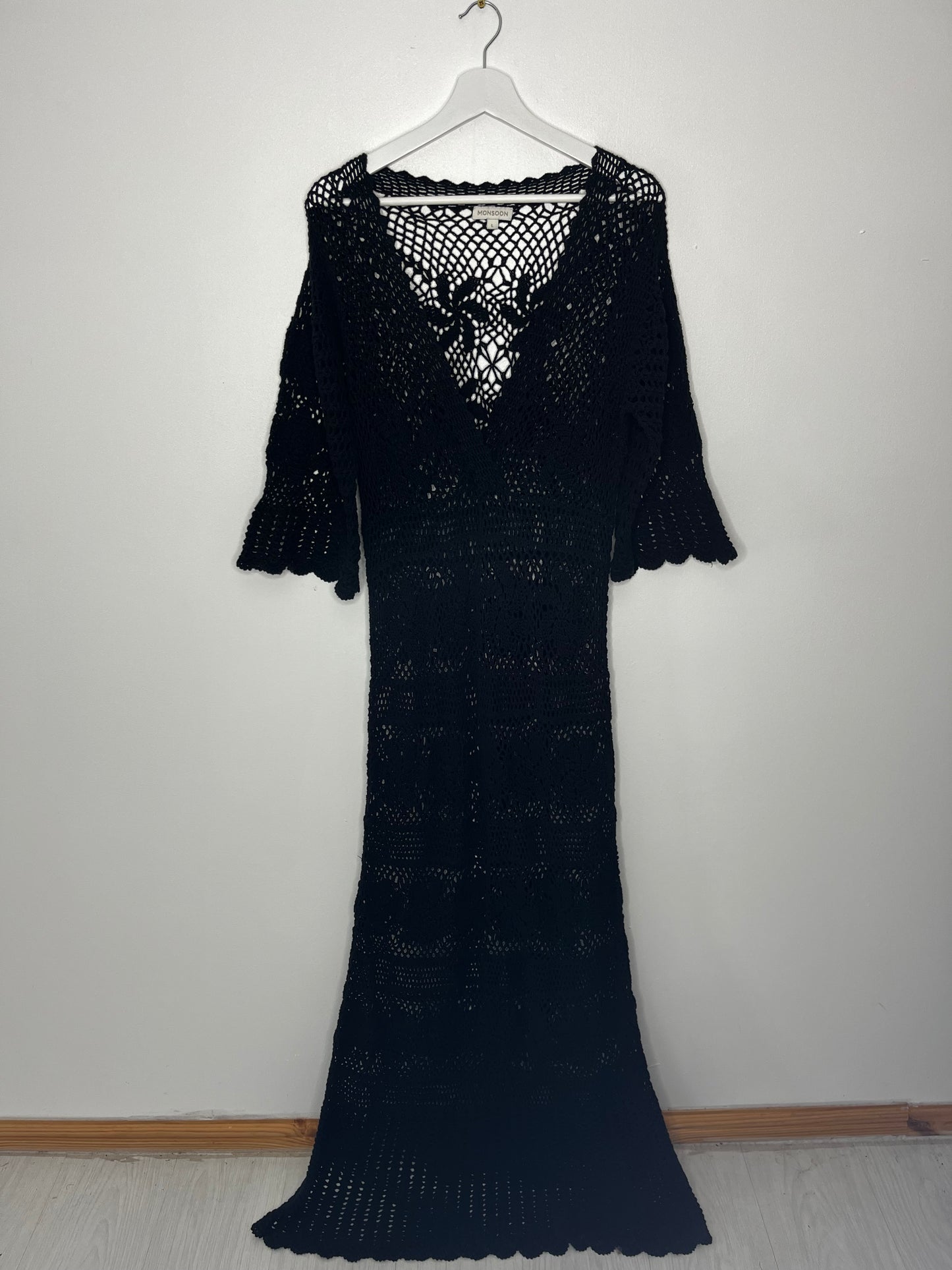 Long Black Vintage Monsoon Crochet Dress Beach Cover Up