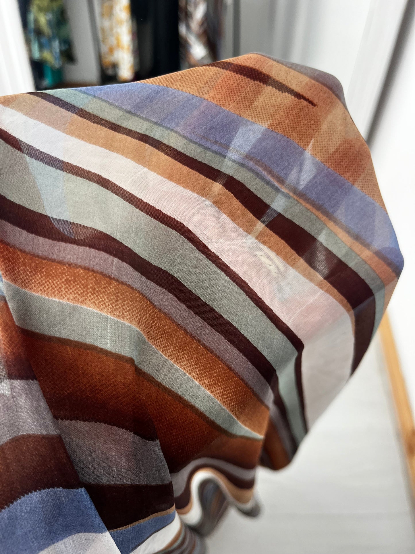 Pure Silk Brown Blue Stripe Sarong Scarf