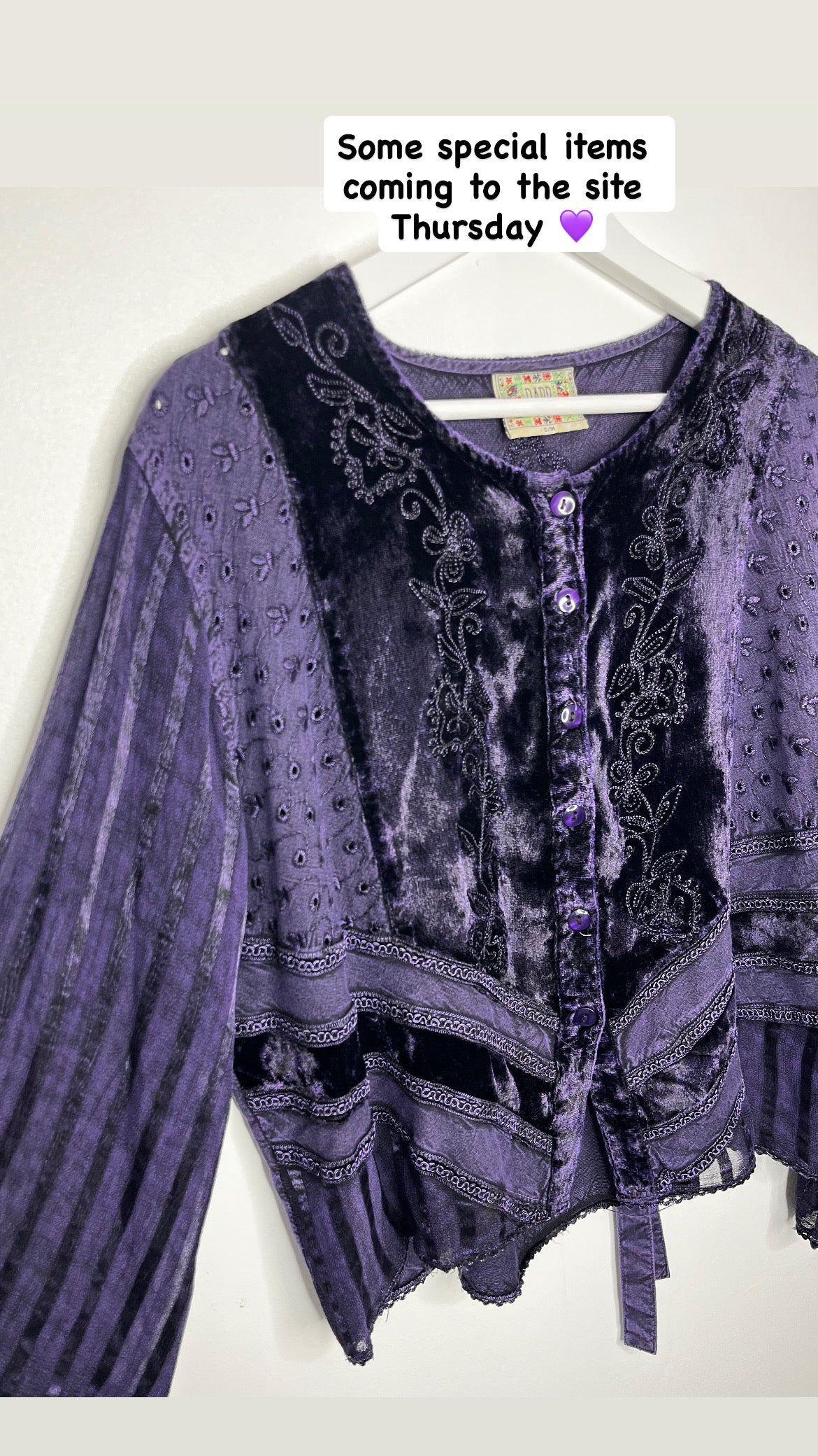 True Vintage Velvet Purple Whimsical Tie Back Blouse