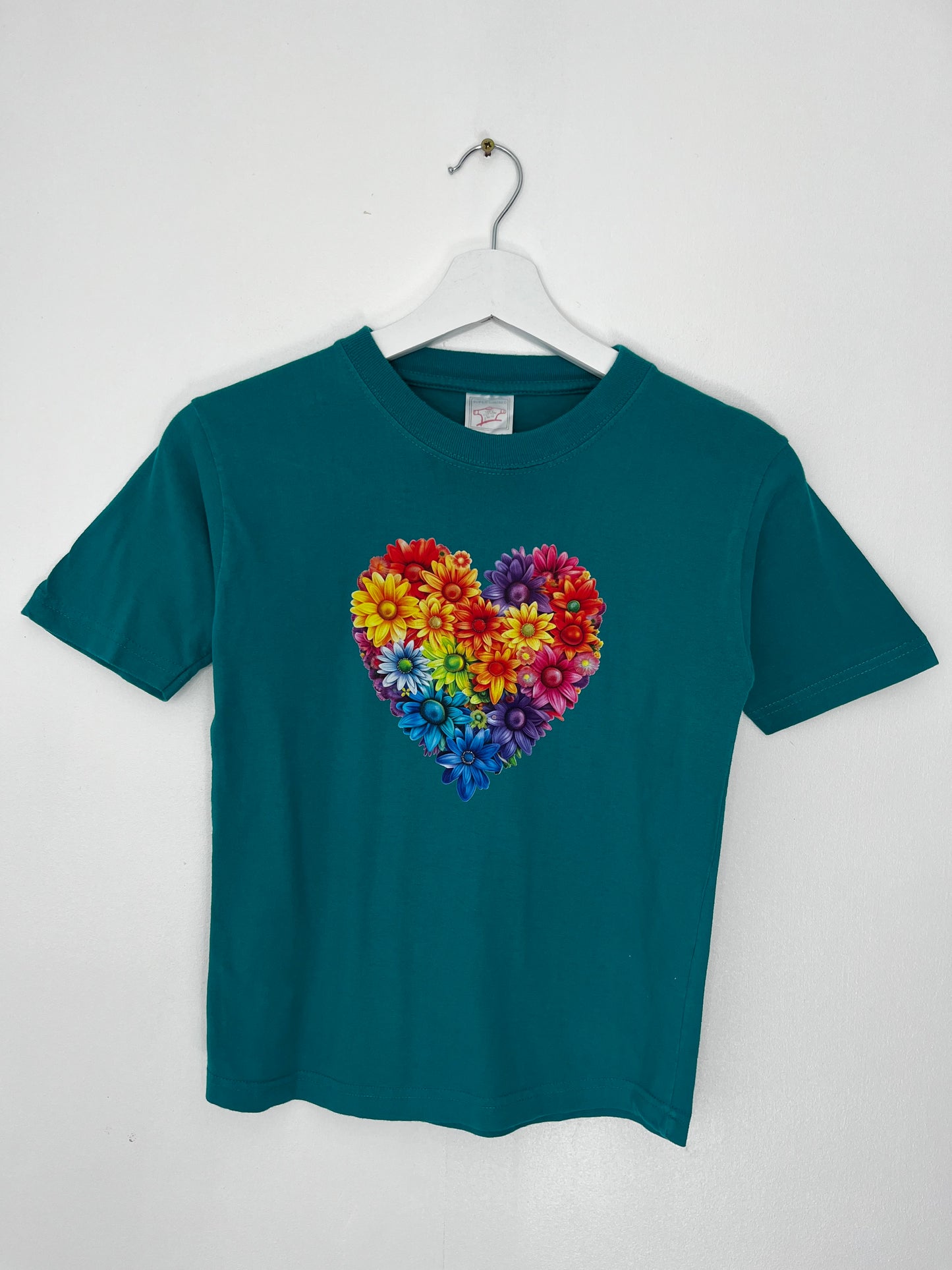 1990s Teal Love Heart Pure Cotton T-Shirt