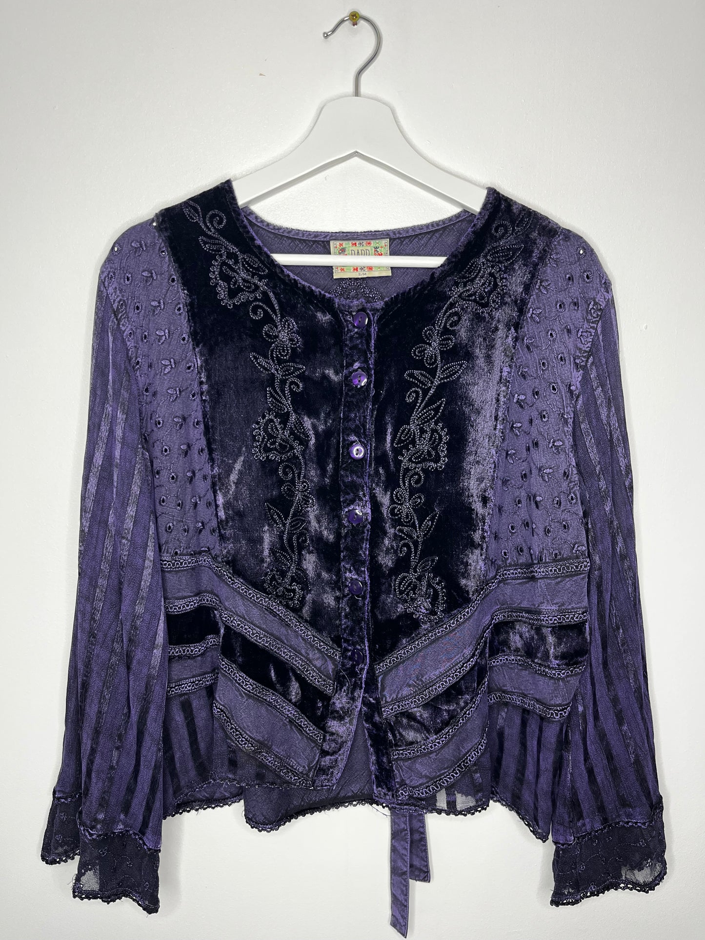 True Vintage Velvet Purple Whimsical Tie Back Blouse