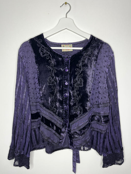 True Vintage Velvet Purple Whimsical Tie Back Blouse
