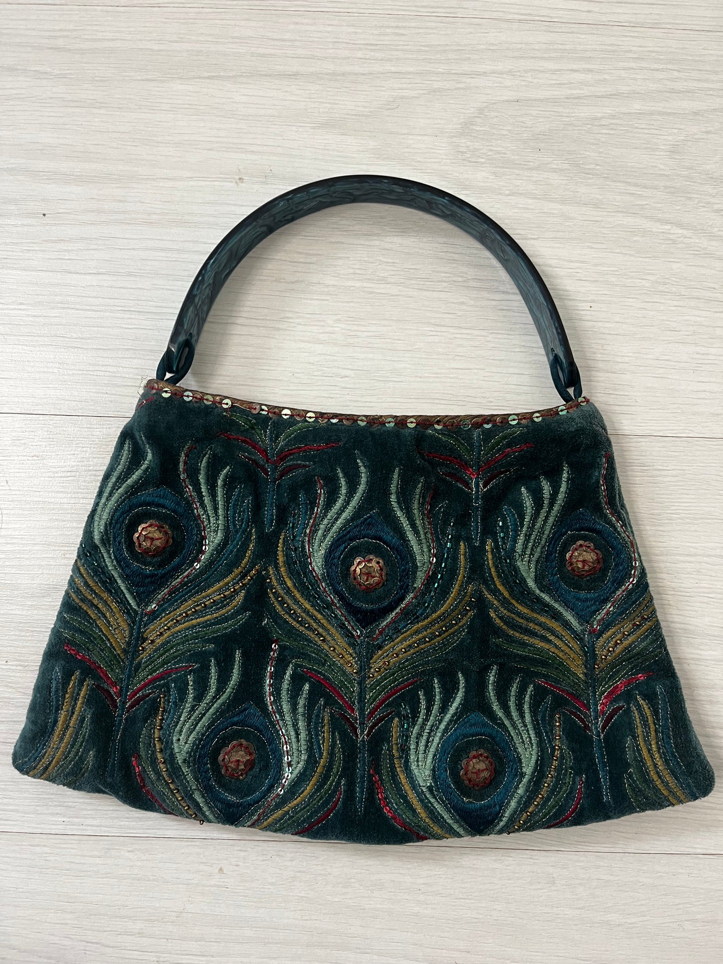 Embroidered Peacock Velvet Handbag with Resin Handle