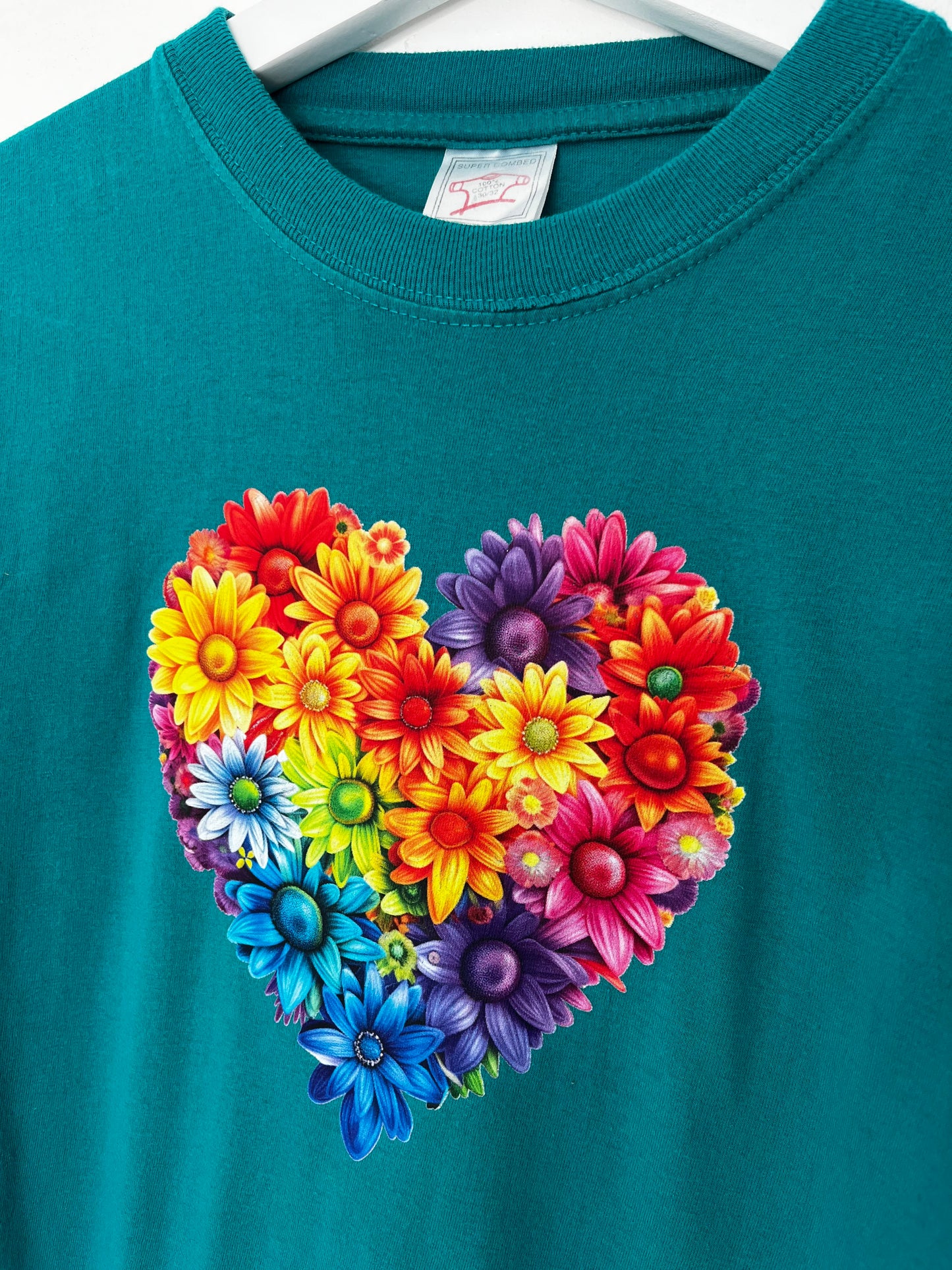 1990s Teal Love Heart Pure Cotton T-Shirt